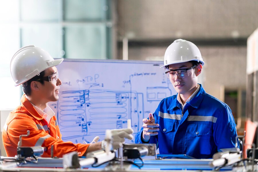 male asian engineer professional having discussion standing by machine factory two asian coworker brainstorm explaining solves process curcuit mother board machine 609648 915