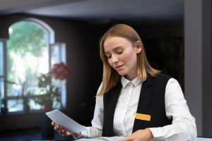 female receptionist work elegant suit